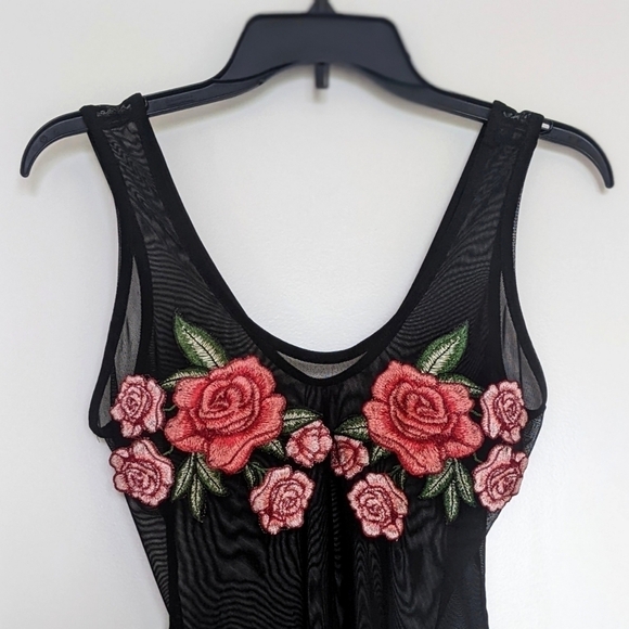 SHEER Black Bodysuit with Rose Embroidered Front - Picture 3 of 4